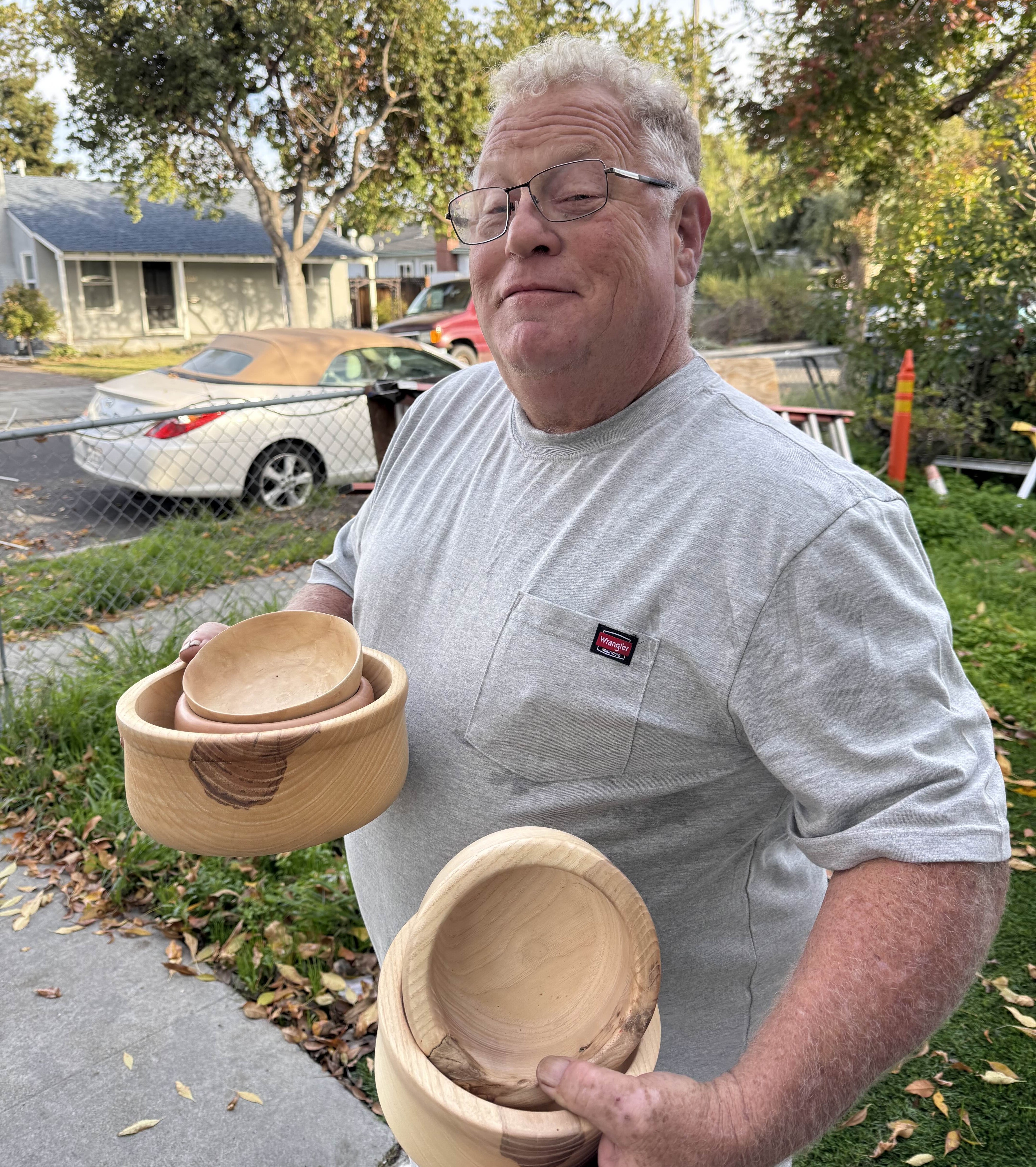 Dave with his homemade wooden bowls